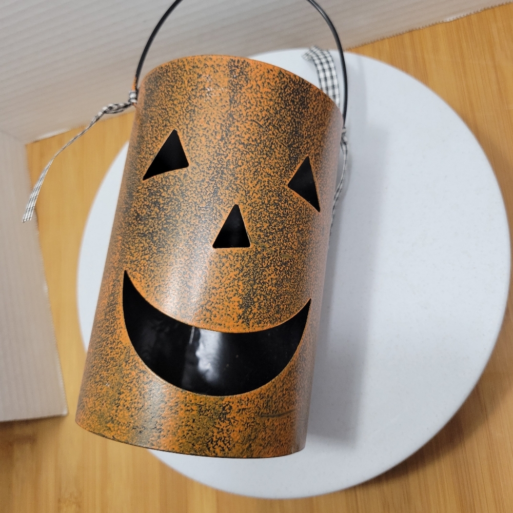 Halloween Rustic Orange over Black Metal Pumpkin Jack O Lantern Luminary Handle
